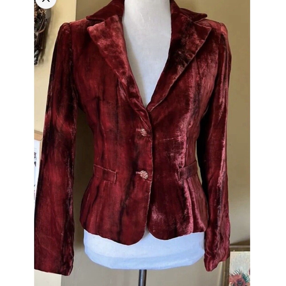 NWT Vintage Cache Size 10 Womens Velvet Burnt Red Gemstone Button Blazer EUC